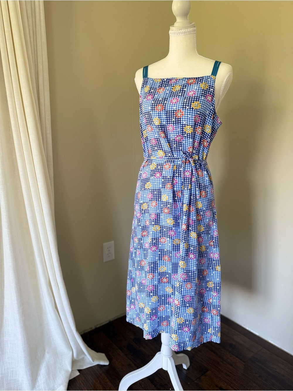 Truly Vintage Sundress Blue Gingham Floral Sun Dress AKR Brand One Size Ribbon - Picture 6 of 7